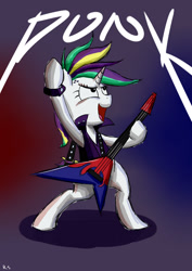 Size: 1600x2263 | Tagged: safe, artist:richard-skip, character:rarity, species:pony, species:unicorn, episode:it isn't the mane thing about you, g4, alternate hairstyle, bipedal, bracelet, clothing, electric guitar, female, gradient background, guitar, guitarity, jacket, jewelry, mare, musical instrument, open mouth, punk, punkity, solo, text, wristband