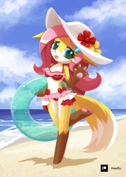 Size: 1000x1407 | Tagged: safe, artist:howxu, character:fluttershy, species:anthro, species:fox, g4, belly button, clothing, colored pupils, cute, dawwww, foxified, furry, hat, looking at you, midriff, ocean, open mouth, shyabetes, solo, species swap, swimsuit