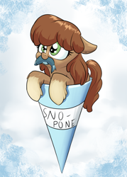 Size: 1000x1400 | Tagged: safe, artist:rocket-lawnchair, oc, oc only, species:pony, g4, abstract background, female, fish, floppy ears, holding, mare, mouth hold, snow mare, snowcone, solo, yakutian horse