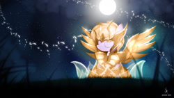 Size: 1920x1080 | Tagged: safe, artist:zidanemina, oc, oc only, species:pegasus, species:pony, g4, anime, crossover, explicit source, eyes closed, female, full moon, gold armor, gold cloth, gold saint, helmet, horoscope, mare, moon, night, saint seiya, sitting, solo, spread wings, virgo, wings, zodiac