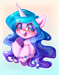Size: 1000x1269 | Tagged: safe, artist:chaosangeldesu, character:izzy moonbow, species:pony, species:unicorn, g5, blushing, bracelet, colored hooves, cute, eye clipping through hair, eyebrows, eyebrows visible through hair, female, gradient background, gradient hair, hooves, izzybetes, jewelry, mare, portrait, smiling, solo, unshorn fetlocks, wingding eyes