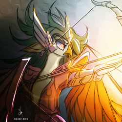 Size: 1080x1080 | Tagged: safe, artist:zidanemina, character:captain celaeno, species:anthro, species:parrot, g4, my little pony: the movie (2017), anime, armor, arrow, badass, bow (weapon), bow and arrow, colored, colored sketch, crossover, explicit source, female, gold armor, gold cloth, helmet, horoscope, open mouth, sagittarius, saint seiya, sketch, solo, weapon, zodiac