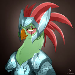 Size: 1080x1080 | Tagged: safe, artist:zidanemina, character:mullet, species:anthro, species:parrot, g4, my little pony: the movie (2017), anime, armor, crateris, crossover, explicit source, eyepatch, helmet, looking sideways, male, portrait, saint seiya, scar, silver cloth, silver saint, solo