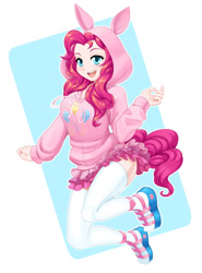 Size: 1280x1732 | Tagged: safe, artist:dstears, character:pinkie pie, species:human, g4, abstract background, balloonbutt, breasts, butt, clothing, hoodie, humanized, open mouth, shoes, skirt, socks, solo, species swap, stockings, thigh highs