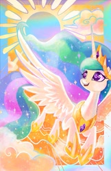 Size: 1324x2048 | Tagged: safe, artist:sophillia, character:princess celestia, species:alicorn, species:pony, g4, cloud, colored pupils, female, flying, mare, open mouth, solo, spread wings, sun, wings