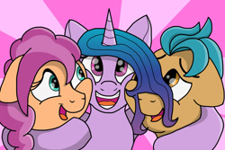 Size: 1280x854 | Tagged: safe, artist:doodledonut, character:hitch trailblazer, character:izzy moonbow, character:sunny starscout, species:earth pony, species:pony, species:unicorn, g5, abstract background, blaze (coat marking), bust, gradient hair, hug, multicolored hair, open mouth, open smile, smiling, squishy cheeks, three quarter view