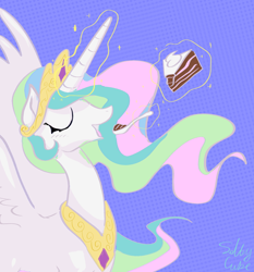 Size: 1422x1528 | Tagged: safe, artist:saltycube, derpibooru original, character:princess celestia, species:alicorn, species:pony, g4, abstract background, blue blackground, cake, cakelestia, crown, eating, eyes closed, female, food, glowing horn, horn, jewelry, magic, magic aura, mare, necklace, open mouth, peytral, profile, regalia, signature, simple background, solo, spoon, spread wings, telekinesis, wings