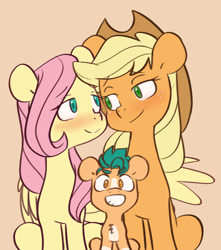 Size: 2121x2401 | Tagged: safe, artist:chub-wub, character:applejack, character:fluttershy, character:hitch trailblazer, parent:applejack, parent:fluttershy, parents:appleshy, species:earth pony, species:pegasus, species:pony, ship:appleshy, g4, g5, blaze (coat marking), blushing, chest fluff, colt, cute, female, grin, headcanon, hitchbetes, jackabetes, lesbian, magical lesbian spawn, male, mare, markings, mother, mother and child, offspring, orange background, shipping, shyabetes, simple background, sitting, smiling
