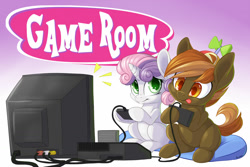 Size: 1500x1000 | Tagged: safe, artist:pusspuss, character:button mash, character:sweetie belle, species:earth pony, species:pony, species:unicorn, g4, colored pupils, colt, female, filly, game console, gradient background, hoof hold, male, shipping, sitting, straight, sweetiemash, television, text, tongue out, video game, young