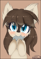 Size: 2103x3000 | Tagged: safe, artist:freefraq, oc, oc only, oc:frosty flakes, species:pony, g4, blushing, brown background, cheek fluff, cute, ear fluff, eye clipping through hair, eyebrows, eyebrows visible through hair, fish, fluffy, food, holding, hoof fluff, hooves, leg fluff, looking at you, meat, mouth hold, ocbetes, ponies eating meat, signature, simple background, solo, yakutian horse
