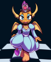 Size: 2000x2400 | Tagged: safe, artist:rockset, character:smolder, species:dragon, g4, clothing, dress, eyeshadow, female, lipstick, looking at you, makeup, princess smolder, simple background, smolder also dresses in style, solo