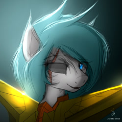Size: 692x695 | Tagged: safe, artist:zidanemina, character:double diamond, species:earth pony, species:pony, g4, anime, armor, colored, colored sketch, crossover, explicit source, gold armor, male, missing eye, portrait, saint seiya, scar, sketch, smiling, solo, stallion