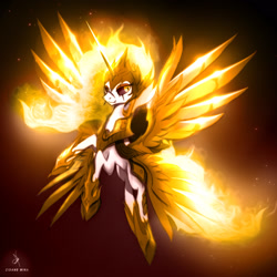 Size: 1920x1920 | Tagged: safe, artist:zidanemina, character:daybreaker, character:princess celestia, species:alicorn, species:pony, g4, armor, black background, explicit source, female, fire, flying, helmet, horn, mane of fire, mare, simple background, solo, spread wings, wings