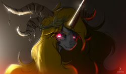 Size: 1226x720 | Tagged: safe, artist:zidanemina, oc, oc only, oc:infernia, species:pony, species:unicorn, g4, colored, colored sketch, explicit source, fangs, female, glowing eyes, horn, looking at you, mare, sharp teeth, sketch, solo