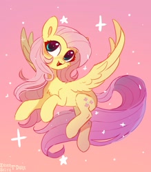 Size: 2480x2826 | Tagged: safe, artist:enderselyatdark, character:fluttershy, species:pegasus, species:pony, g4, cheek fluff, chest fluff, female, flying, gradient background, looking up, mare, open mouth, open smile, signature, simple background, smiling, solo, spread wings, wings