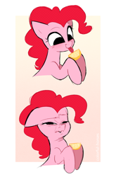 Size: 1523x2313 | Tagged: safe, artist:syrupyyy, character:pinkie pie, species:earth pony, species:pony, g4, 3:, :t, adorable distress, blep, cute, diapinkes, do not want, faec, female, floppy ears, food, frown, hoof hold, lemon, licking, lidded eyes, mare, meme, no catchlights, no pupils, scrunchy face, silly, silly pony, simple background, smiling, solo, tongue out