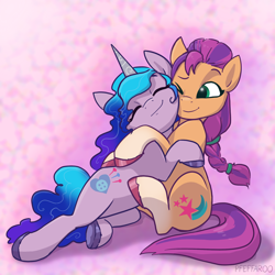 Size: 2048x2048 | Tagged: safe, artist:pfeffaroo, character:izzy moonbow, character:sunny starscout, species:earth pony, species:pony, species:unicorn, ship:starbow, g5, braided ponytail, cutie mark, eyes closed, female, gradient hair, horn, hug, lesbian, one eye closed, ponytail, shipping, smiling