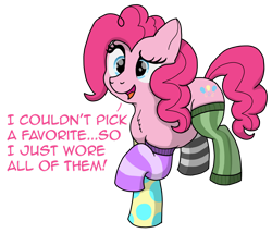Size: 1280x1097 | Tagged: safe, artist:doodledonut, character:pinkie pie, species:earth pony, species:pony, g4, chest fluff, clothing, cute, dialogue, female, mare, mismatched socks, open mouth, raised hoof, simple background, socks, solo, stockings, striped socks, text, thigh highs, transparent background