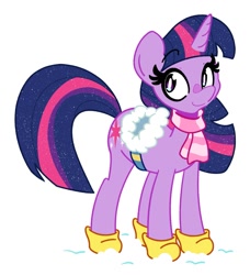 Size: 1094x1200 | Tagged: safe, artist:kindakismet, character:twilight sparkle, character:twilight sparkle (unicorn), species:unicorn, g4, clothing, galaxy mane, scarf, snow, solo, winter outfit