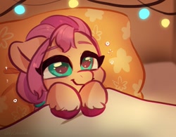 Size: 1199x934 | Tagged: safe, artist:oofycolorful, character:sunny starscout, species:earth pony, species:pony, g5, bed, bust, coat markings, cute, filly sunny, pillow, sheet, socks (coat marking), solo, sunnybetes, unshorn fetlocks