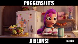 Size: 1920x1080 | Tagged: safe, edit, edited screencap, screencap, character:sunny starscout, species:earth pony, species:pony, g5, my little pony: a new generation, beans, book, food, fruit, kitchen, meme, pog, refrigerator, solo, text, wall