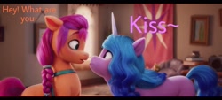 Size: 2400x1080 | Tagged: safe, edit, edited screencap, screencap, character:izzy moonbow, character:sunny starscout, species:earth pony, species:pony, species:unicorn, ship:starbow, g5, my little pony: a new generation, female, gradient hair, implied kissing, lesbian, looking at each other, looking into each others eyes, meme, shipping, text