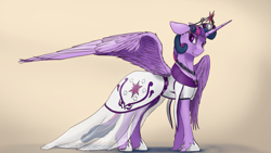 Size: 3840x2160 | Tagged: safe, alternate version, artist:tenebrisnoctus, character:twilight sparkle, character:twilight sparkle (alicorn), species:alicorn, species:pony, g4, clothing, crown, dress, female, floppy ears, hoof shoes, jewelry, leg fluff, looking at you, mare, necklace, regalia, shoes, simple background, smiling, solo, spread wings, unshorn fetlocks, wings