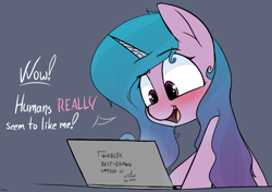 Size: 2771x1949 | Tagged: safe, artist:mulbmerl, artist:pinkberry, character:izzy moonbow, species:pony, species:unicorn, g5, black outlines, blushing, computer, dialogue, eyebrows, female, freckles, gradient hair, implied porn, laptop computer, mare, open mouth, solo, speech, talking, text