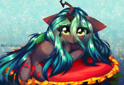 Size: 4950x3400 | Tagged: safe, artist:krissstudios, character:queen chrysalis, species:changeling, g4, absurd resolution, colored eyebrows, cushion, cute, cutealis, eyebrows, eyebrows visible through hair, female, floppy ears, looking at you, lying down, prone, solo