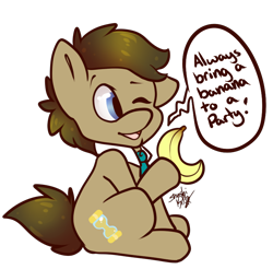 Size: 772x760 | Tagged: safe, artist:shushikitty, character:doctor whooves, character:time turner, species:earth pony, species:pony, g4, banana, crossover, cute, dialogue, doctor who, doctorbetes, food, hoof hold, male, one eye closed, open mouth, simple background, sitting, solo, speech bubble, text, the doctor, transparent background, wink