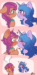 Size: 1077x2187 | Tagged: safe, artist:yilo, character:izzy moonbow, character:sunny starscout, species:earth pony, species:pony, species:unicorn, ship:starbow, g5, blushing, boop, cute, embarrassed, female, gradient hair, izzybetes, kissing, lesbian, mare, noseboop, shipping, sunnybetes, that was fast
