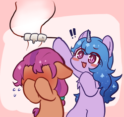 Size: 608x575 | Tagged: safe, artist:yilo, character:izzy moonbow, character:sunny starscout, species:earth pony, species:pony, species:unicorn, g5, blushing, duo, embarrassed, exclamation point, female, food, gradient hair, hoof hold, mare, marshmallow, walking campfire