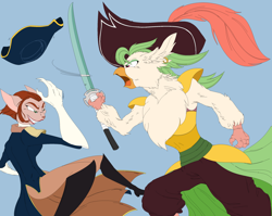 Size: 1280x1021 | Tagged: safe, artist:duomochiaro, character:captain celaeno, g4, my little pony: the movie (2017), captain amelia, crossover, fight, sword, treasure planet, weapon
