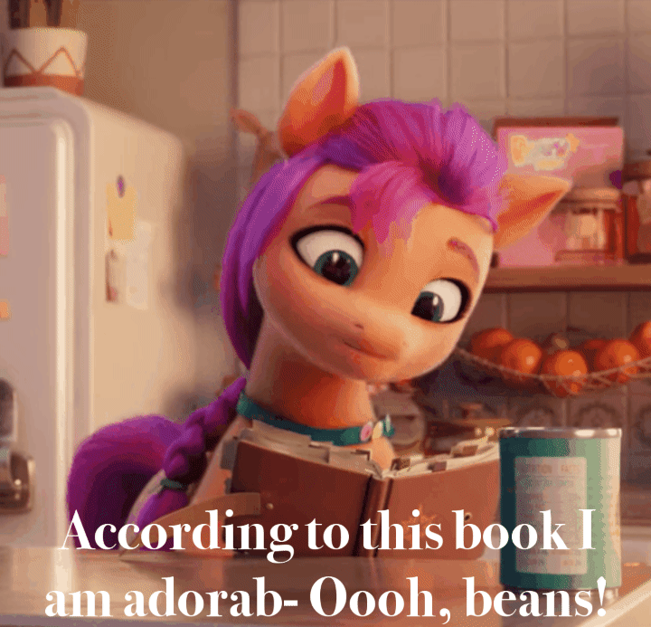 Size: 720x693 | Tagged: safe, edit, edited screencap, screencap, character:sunny starscout, species:earth pony, species:pony, g5, my little pony: a new generation, animated, beans, book, food, fruit, gif, meme, oooooh, refrigerator, solo, text