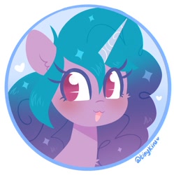 Size: 1193x1200 | Tagged: safe, artist:tinykiru, character:izzy moonbow, species:pony, species:unicorn, g5, blep, bust, cute, izzybetes, solo, tongue out