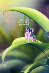 Size: 1600x2400 | Tagged: safe, artist:symbianl, character:starlight glimmer, species:pony, species:unicorn, g4, :3, chest fluff, dialogue, dissonant caption, ear fluff, female, fluffy, frog (hoof), grass, hoof fluff, hooves, leaves, leg fluff, mare, misspelling, smiling, solo, text, tiny, tiny ponies, underhoof, vulgar
