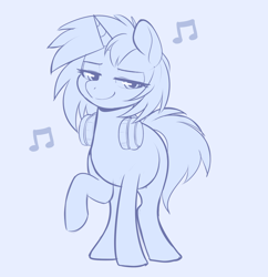 Size: 1546x1596 | Tagged: safe, artist:higgly-chan, character:dj pon-3, character:vinyl scratch, species:pony, species:unicorn, g4, female, headphones, lidded eyes, mare, missing accessory, monochrome, music notes, raised hoof, simple background, smiling, solo