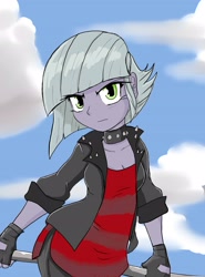 Size: 3090x4170 | Tagged: safe, artist:a.s.e, character:limestone pie, species:eqg human, g4, my little pony:equestria girls, angry, clothing, cloud, cloudy, equestria girls-ified, female, fingerless gloves, frown, gloves, looking at you, sky, solo, species swap