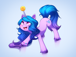 Size: 960x720 | Tagged: safe, artist:scarlet-spectrum, character:izzy moonbow, species:pony, species:unicorn, g5, ball, bracelet, childproof horn, cute, female, gradient hair, horn, horn impalement, izzy's tennis ball, izzybetes, jewelry, looking up, mare, open mouth, simple background, solo, tennis ball, toy, unshorn fetlocks