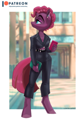 Size: 2713x4008 | Tagged: safe, artist:lummh, character:tempest shadow, species:anthro, species:unguligrade anthro, species:unicorn, g4, alternate hairstyle, broken horn, cellphone, clothing, ear piercing, female, horn, jacket, jewelry, lidded eyes, looking sideways, mare, midriff, pants, phone, piercing, profile, solo