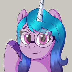 Size: 1156x1156 | Tagged: safe, artist:skylaedits, character:izzy moonbow, species:pony, species:unicorn, g5, my little pony: a new generation, adorkable, bust, colored eyebrows, colored hooves, cute, dork, eye clipping through hair, eyebrows, eyebrows visible through hair, female, glasses, gradient mane, hooves, horn, looking at you, mare, portrait, round glasses, scene interpretation, simple background, smiling, solo, unshorn fetlocks, watermark