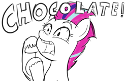 Size: 737x473 | Tagged: safe, artist:eagc7, character:zipp storm, species:pegasus, species:pony, g5, my little pony: a new generation, chocolate, chocolate with nuts, crossover, female, food, mare, open mouth, parody, simple background, sketch, solo, spongebob squarepants, that pony sure does love chocolate, white background