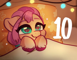 Size: 1640x1277 | Tagged: safe, artist:oofycolorful, part of a set, character:sunny starscout, species:earth pony, species:pony, g5, 10, bed, bust, countdown, cute, female, filly, pillow, portrait, smiling, solo, string lights, sunnybetes, young, younger