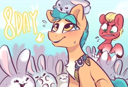 Size: 2616x1770 | Tagged: safe, artist:oofycolorful, part of a set, character:hitch trailblazer, character:sprout, species:earth pony, species:pony, species:rabbit, g5, 8, animal, blaze (coat marking), chest fluff, countdown, male, open mouth, open smile, smiling, stallion