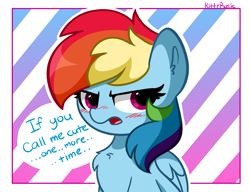 Size: 5440x4178 | Tagged: safe, artist:kittyrosie, character:rainbow dash, species:pegasus, species:pony, g4, abstract background, angry, blushing, chest fluff, cute, dashabetes, dialogue, female, high res, i'm not cute, mare, simple background, solo, text, tsunderainbow, tsundere