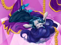 Size: 1654x1226 | Tagged: safe, artist:chombeau, character:rarity, species:eqg human, episode:the other side, g4, my little pony: equestria girls, bare shoulders, belly button, clothing, dress, high heels, lipstick, looking at you, lying down, makeup, shoes, solo, tight clothing