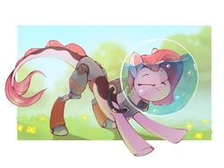 Size: 1390x1044 | Tagged: safe, artist:rexyseven, oc, oc only, oc:koraru koi, species:pony, species:seapony (g4), g4, augmented, bubble, bubble helmet, cute, eyes closed, female, mare, prosthetic leg, prosthetic limb, prosthetics, smiling, solo, stretching, water