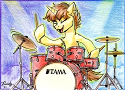 Size: 2036x1464 | Tagged: safe, artist:dandy, oc, oc only, species:pony, species:unicorn, g4, colored pencil drawing, cymbals, drum kit, drumming, drums, drumsticks, eyes closed, horn, male, musical instrument, open mouth, raffle prize, solo, stallion, traditional art