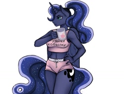 Size: 1280x974 | Tagged: safe, artist:milk_jerboa, character:princess luna, species:alicorn, species:anthro, species:pony, g4, belly, belly button, clothing, cutie mark, ethereal mane, explicit source, female, galaxy mane, horn, looking sideways, mare, midriff, mug, ponytail, russian, shorts, solo, wings