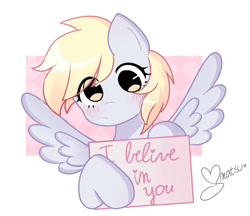 Size: 705x609 | Tagged: safe, artist:franshushu, character:derpy hooves, species:anthro, species:pegasus, g4, blushing, confused, cute, derpabetes, female, misspelling, sign, solo